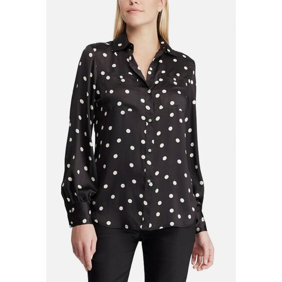 Chaps Shirt Womens 3X Faux Silk Blouse Button Top Polka Dat Black White Luxe - Picture 1 of 14